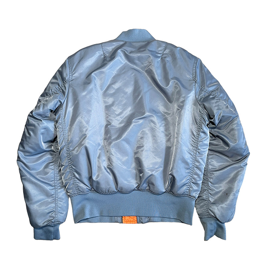 Repaired Military MA-1 Style Jacket Silver Nylon Reversible Orange lining [0012]