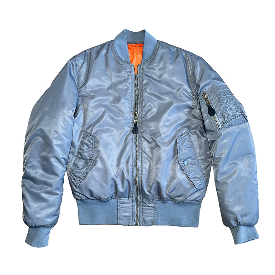 Repaired Military MA-1 Style Jacket Silver Nylon Reversible Orange lining [0012]